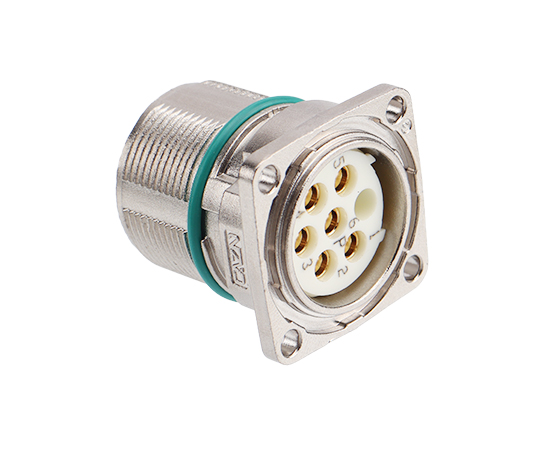 M623信号直式针型方形法兰插座 压接式 安装孔19.8x19.8}