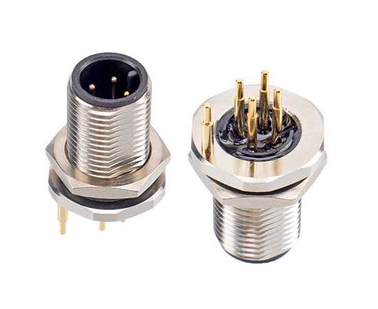 M12板后安装针型插座 PCB式 接地 螺牙M12x1}