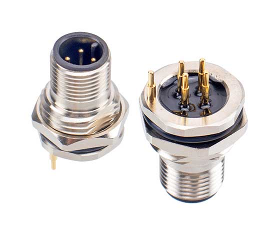 M12板后安装针型插座 PCB式 接地 (大螺牙)}