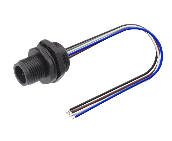 M12板前安装针型插座 焊线式(内置灌胶) 螺牙M15*1 塑胶款