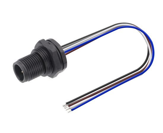 M12板后安装针型插座 焊线式(内置灌胶) 螺牙M15*1 塑胶款