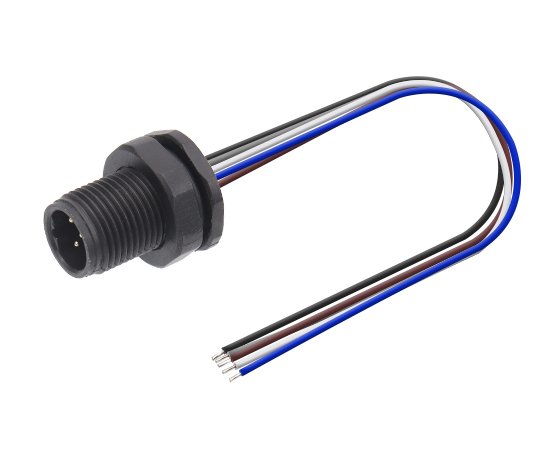 M12板后安装针型插座 焊线式(内置灌胶) 螺牙M12*1 塑胶款