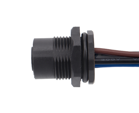 M12板后安装孔型插座 焊线式(内置灌胶) 螺牙M15*1 塑胶款}